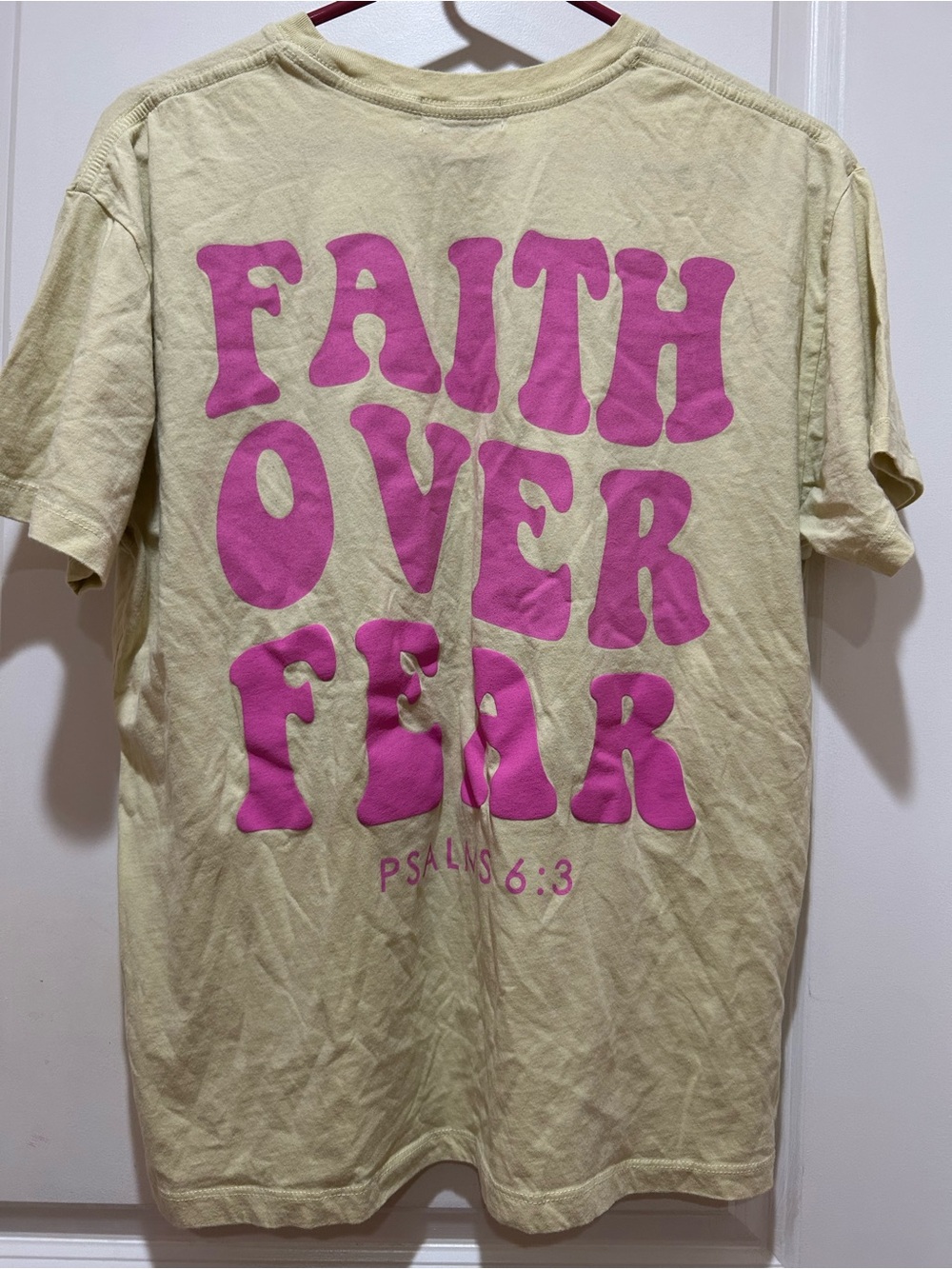 Kids Cream Short Sleeve Tee with Pink 'Faith Over Fear' Graphic